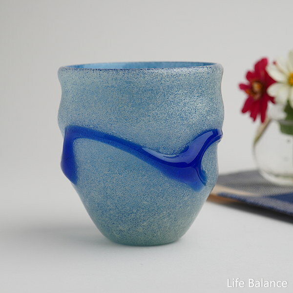 琉球ガラス 【稲嶺 盛一郎 宙吹ガラス工房 虹】泡波巻宙吹グラス 青 90-616