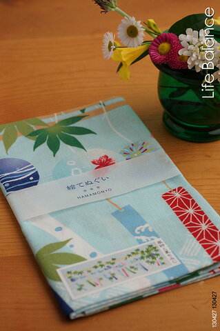 【3枚でメール便送料無料！】濱文様　捺染てぬぐい　絵手拭い　風鈴と夏もみじ　11486