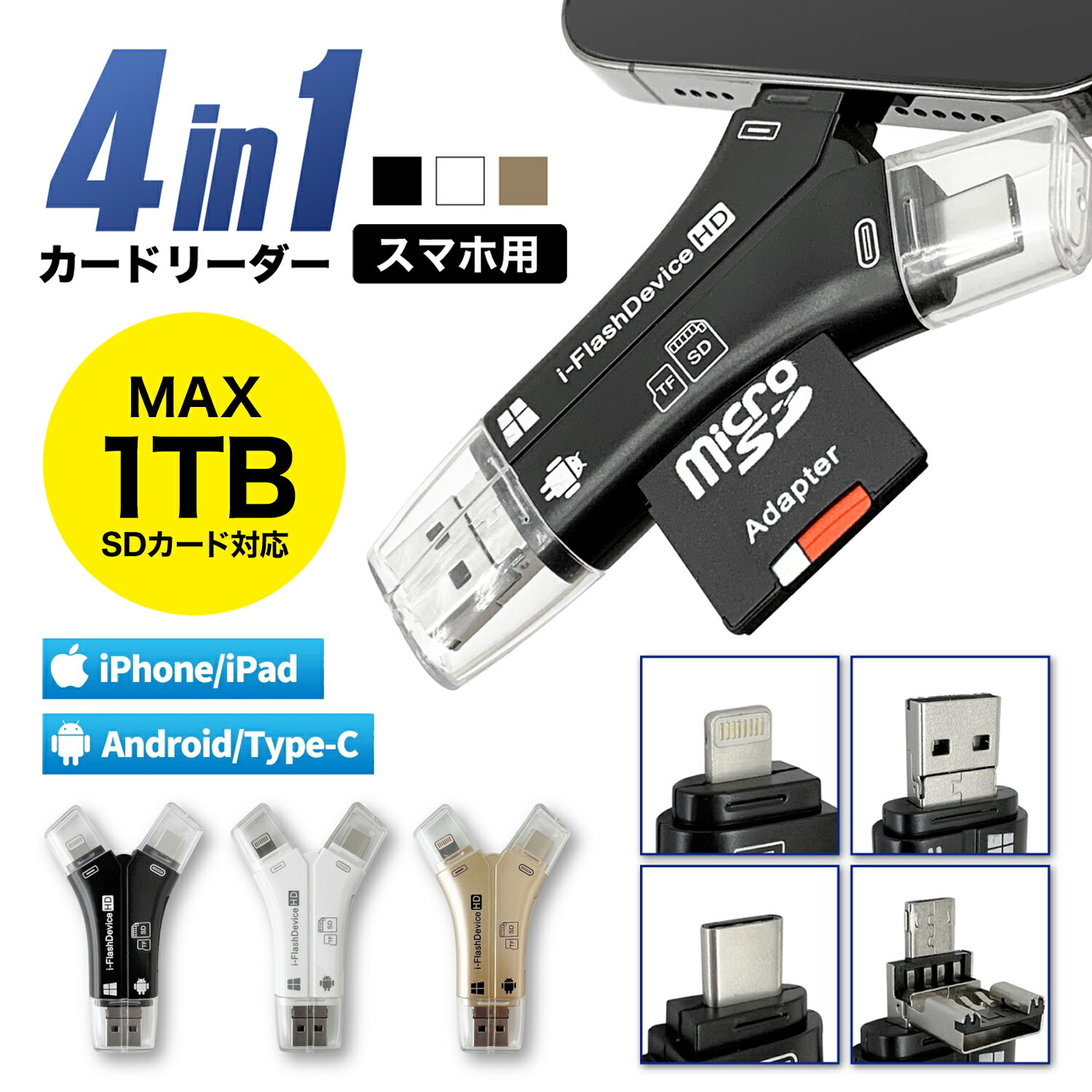 【 送料無料 】【1TB対応】 SDカードリーダー iPhone バックアップ マルチカードリーダー SD カードリーダー 高速 スマホ データ転送 データバックアップ 4in1 USB USBメモリ 写真 保存 データ SD 日本語取説付 マイクロSDカードリーダー SDカード カメラリーダー