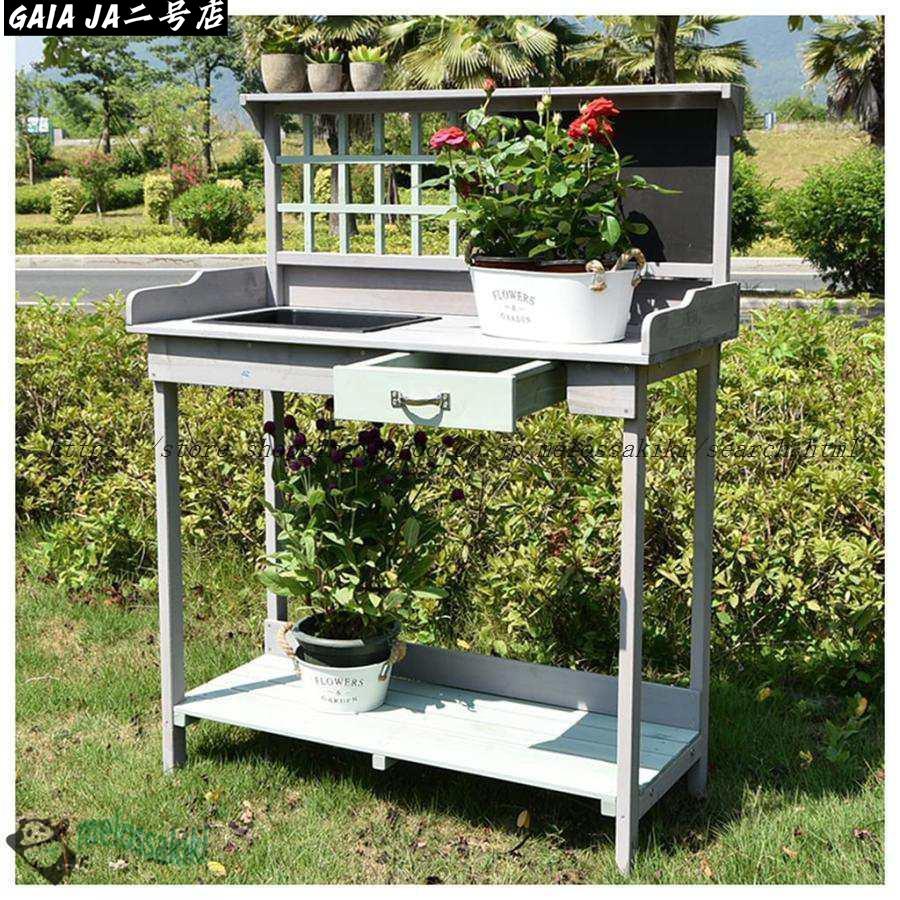 36''木製ガーデンポッティングベンチ作業台屋外ガーデン作業台テーブル裏庭バルコニーパティオ用作業台植栽トラフ付き隠し収納引き出し