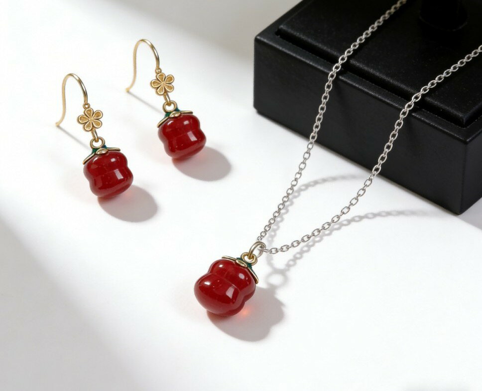 Rakuten - 赤メノウ 天然石 18K ゴールドピアス 純銀ネックレス セット レッドアゲート アクセサリー ギフト別途