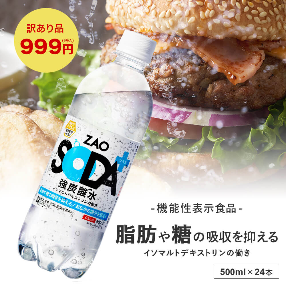 [訳あり品：ラベル不良]炭酸水 ZAO SODAプラス 500ml 24本 脂肪 糖 整腸 機能性表示食品 送料無料 強炭酸 炭酸 無糖 訳アリ プレーン 箱買い ライフドリンクカンパニー LIFEDRINK