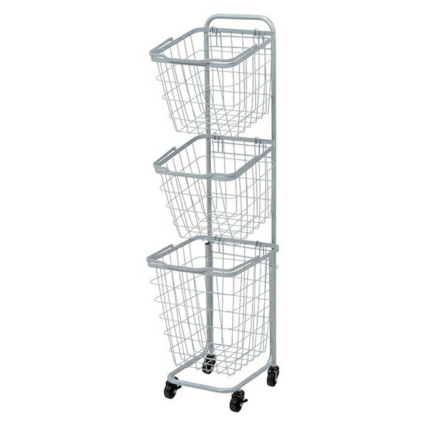 3段ランドリーラック（角型/スカイグレー）　KR-3971GY持ち運べるバスケットが便利。縦型収納で省スペースに洗濯物を分別できます。