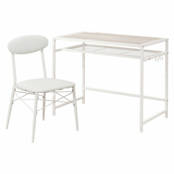 デスクチェアセット(ホワイト) LDC-4658WH木目調の天板と、スチールフレームのデザインがおしゃれなデスクチェアセット。便利な中棚とコンセント付。