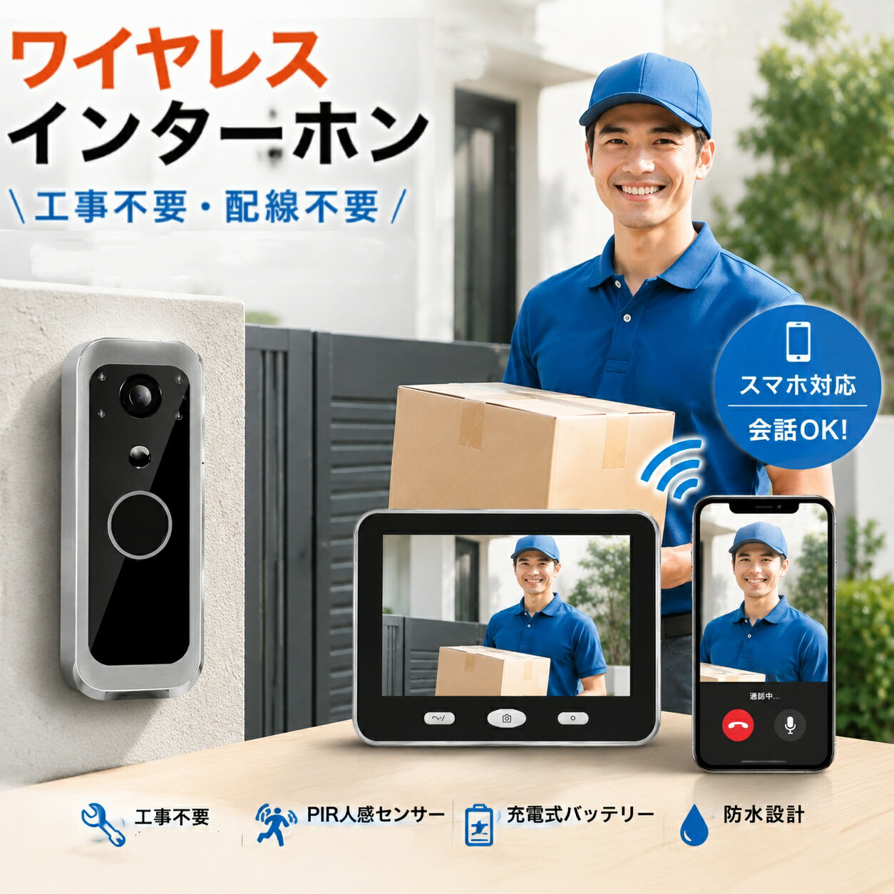 ＼10％OFFクーポン&P5倍！／【スマホで対応&会話可能】インターホン ワイヤレス スマートテレビドアホン 工事不要 ドアホン ビデオドアベル テレビドアホン ビデオドアベル ビデオドアホン ワイヤレスドアホン 自動録画 防犯カメラ 充電式 カメラ付き 配線不要 電源不要