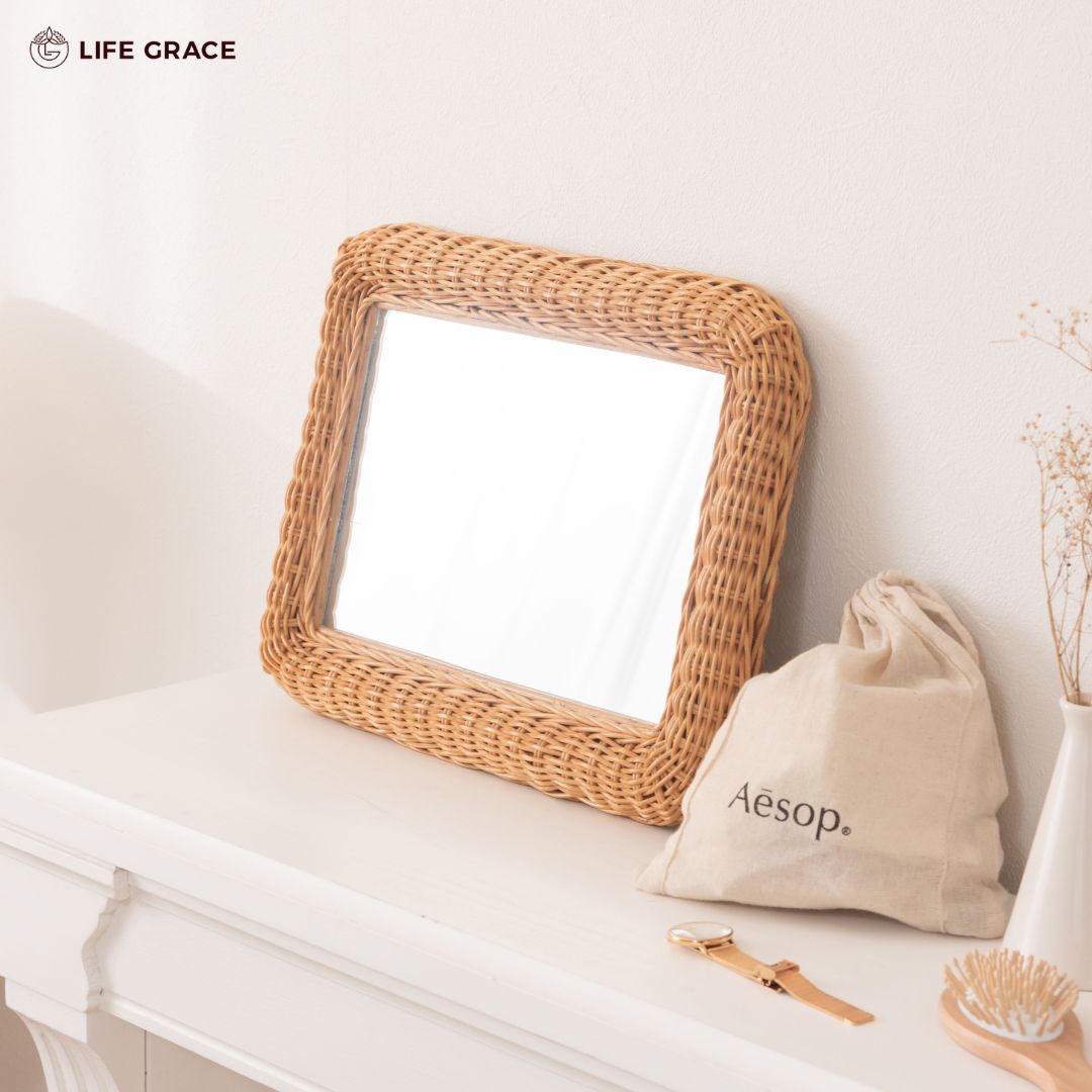 ラタンミラー ウォールミラー 壁掛けミラー 卓上ミラー 卓上鏡 姿見 ミラー 鏡 壁掛け 壁 卓上 コンパクト インドネシア製 ラタン フレ..