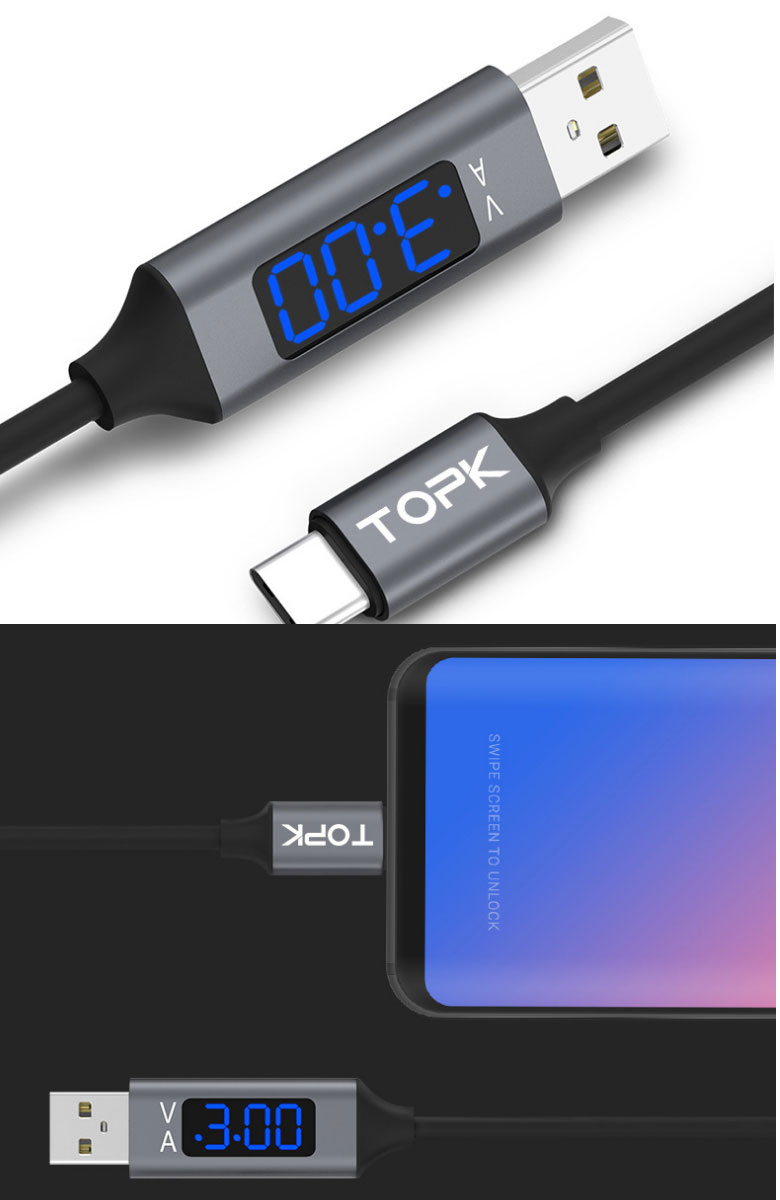 TOPK 電圧/電流表示ができる microUSB ケーブル typec ケーブル Android USB Type-C ブラック usb type-c ケーブル 急速充電 データ転送