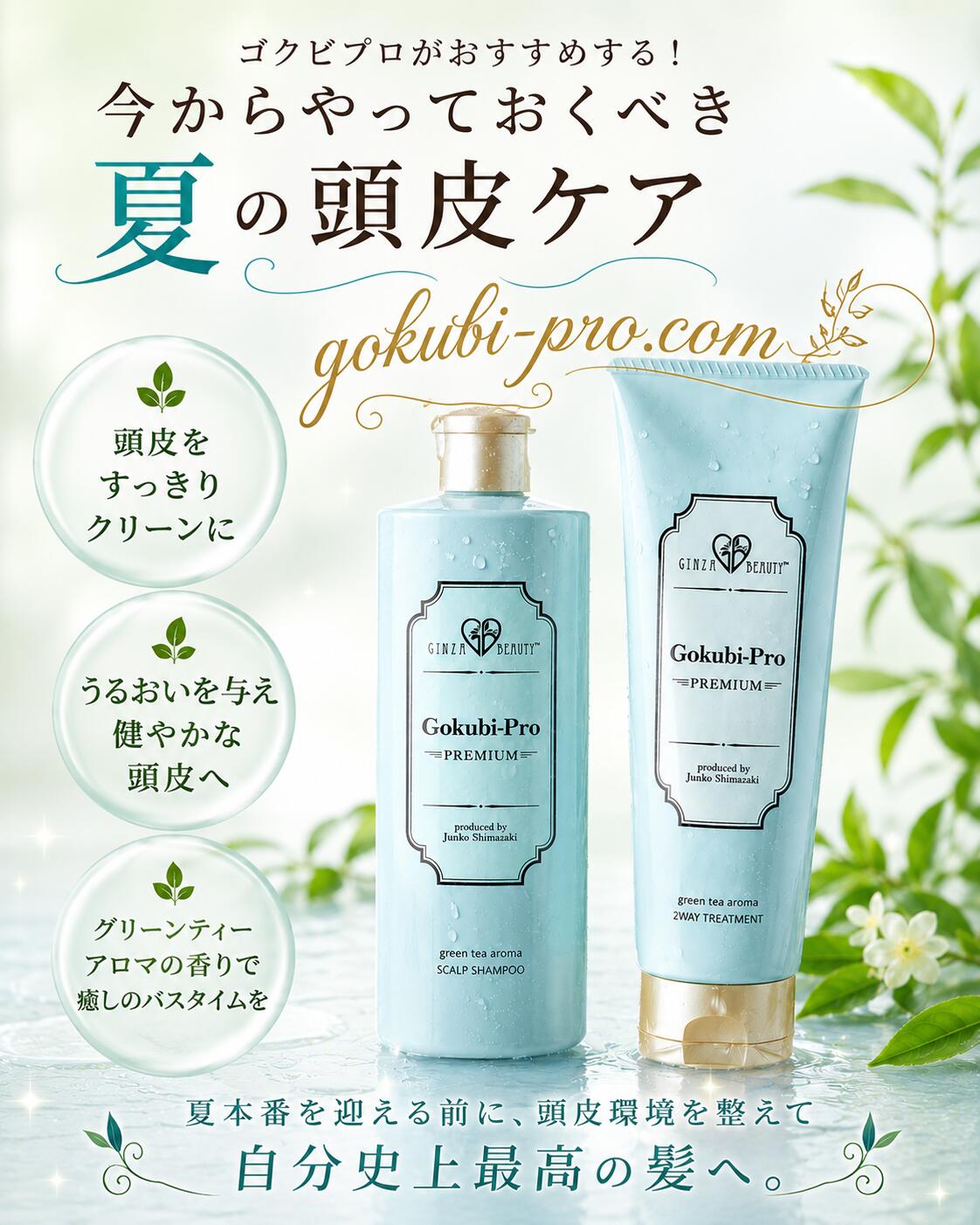 ゴクビプロ PREMIUM グリーンティーアロマ スカルプシャンプー&2wayトリートメント 各1個セット｜頭皮ケア 補修 保湿 ハリコシ 加水分解ケラチン 卵殻膜 幹細胞 プラセンタ ビタミンC誘導体 アルガン シアバター 天然由来成分を贅沢に配合 国産 ギフト