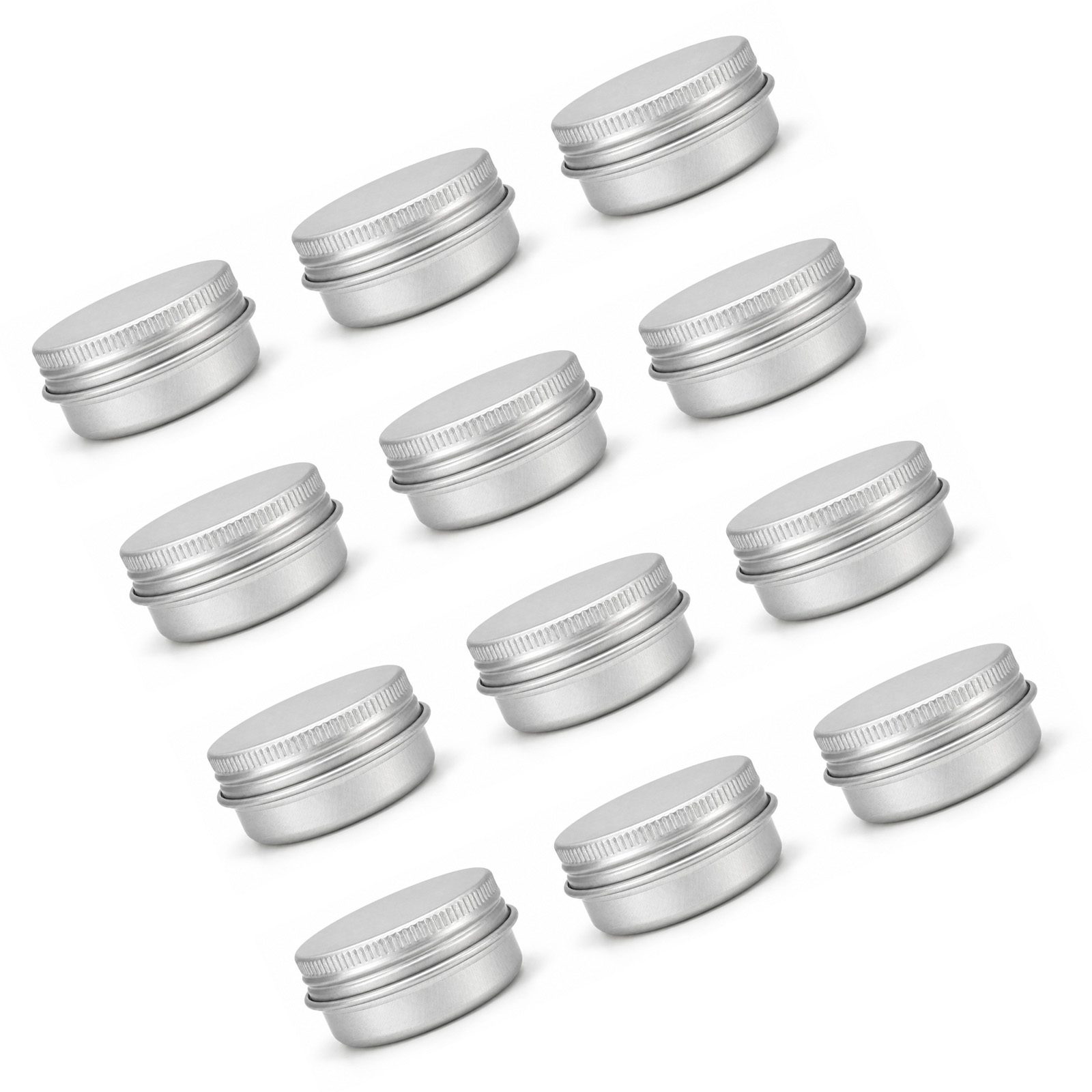 商品詳細カラーシルバー素材アルミ材容量15ml/個サイズ約41*18mm/個パッケージ内容アルミケース*12この商品について🍀【アルミ素材】アルミ材を使用し、シルバーのすっきりした外観。表面はなめらかな質感で、手に取りやすい小型ケースです。※注意：アルミ製品は輸送中に変形しやすい性質があります。変形が気になる方はご購入をお控えください。🍀【密封構造】密封しやすい構造。香膏、化粧品、発ワックスなどの保管に適しています。🍀【丸型ケース】丸型の小型アルミケースで。香膏や化粧品、小物の分け入れに使いやすい形状です。🍀【15mlの小容量】12個セット、1個あたり15mlのコンパクトサイズ。旅行や外出時に少量だけ持ち運びたい時にも、かさばりにくく整理しやすいです。🍀【幅広い用途】ヘアワックス、化粧品、細かな部品、玩具パーツ、アクセサリーなどの分け入れに対応。デスク周りや自宅収納にも使えます。ご注意15ml容量の丸型ネジ式アルミケース12個セットです。シルバーの小型金属缶で、香膏、ヘアワックス、化粧品、小さな部品、アクセサリーなどの分け入れに適しています。1個あたり約41*18mm、コンパクト設計で、自宅での整理収納や旅行時の携帯用にも使いやすいサイズです。ネジ式フタとパッキン構造により、内容物を分けて保管しやすく、丸みのある縁で扱いやすい仕様です。※注意：アルミ製品は輸送中に変形しやすい性質があります。変形が気になる方はご購入をお控えください。