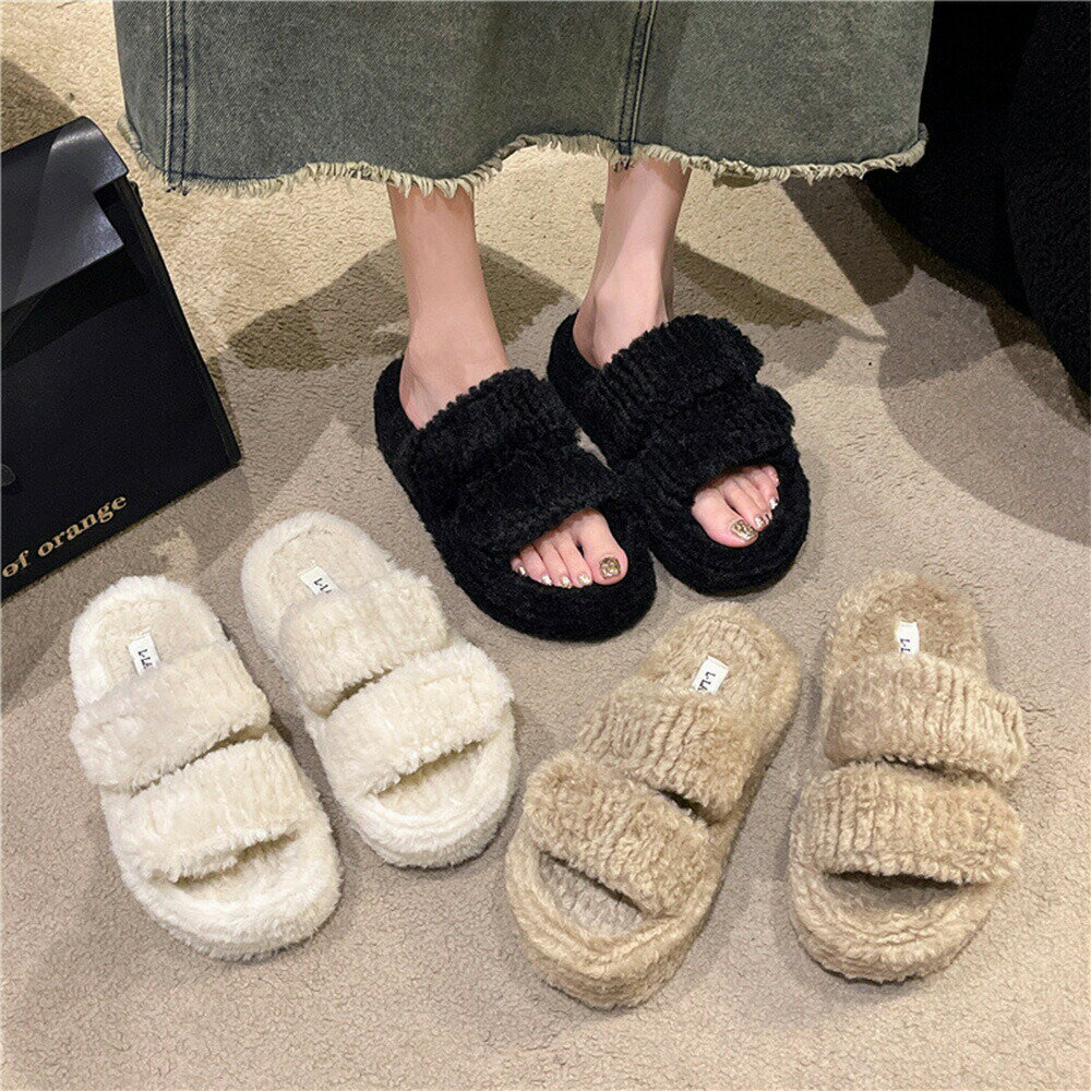 Rakuten - ファーサンダル レディース 厚底スリッパ ボリュームソール コンフォート 可愛い 暖かい おしゃれ フェイクファー ふわふわ ぺたんこ 靴 歩きやすい 99GYXC-071