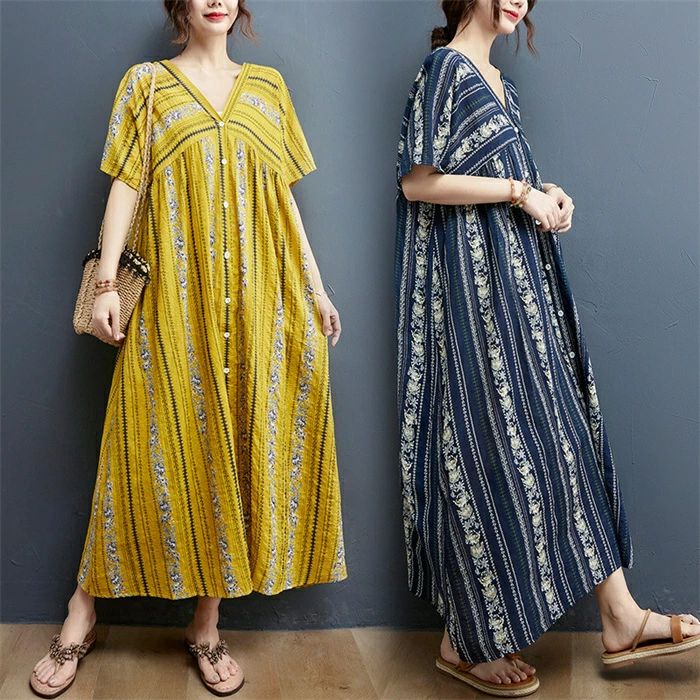 Rakuten - ワンピース レディース ロングワンピース 花柄 リゾート マキシ 夏 花柄ワンピース 半袖 40代 vネック チュニック 体型カバー 大きいサイズ 着痩せ きれいめ シャツワンピース 白 黄色 リラックス お洒落