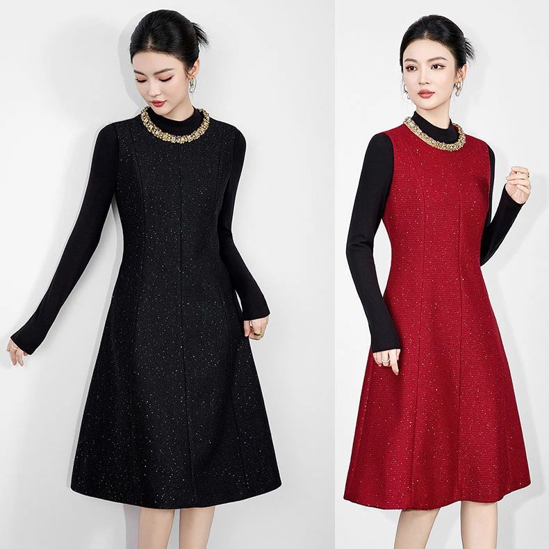 ミディアム丈ジャンパースカートジャパスカ 結婚式ワンピース フェミニンドレス ノースリーブツイードパーティードレス オフィス