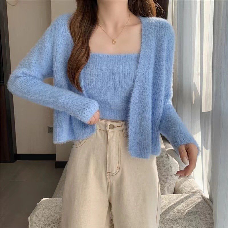 Camisoles - レディース トップス ニット キャミソール アンサンブル ショート 萌袖 タイト スリム フェミニン もこもこ 前開き かわいい きれいめ 上品 おしゃれ ガーリー 抜け感 秋 OL 学生 デート お出かけ 体型カバー 普段使い 着回し
