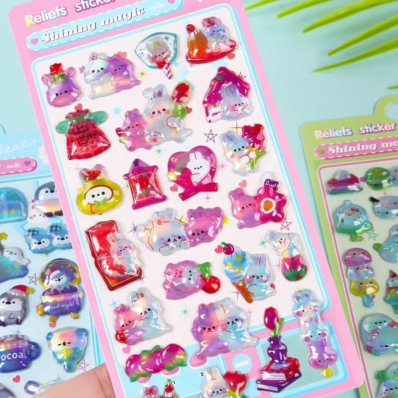 XC8枚(ホログラムステッカー8枚 4種類X2セット　中空型 廉価版 3Dシール) ぷっくり 3D立体シール クリスタルジェルシール ジェルステッカー 可愛い 立体 キラキラ 文房具 手帳 ぷくぷく装飾用 手作りノートパソコン 日記の文房具ステッカー 装飾アイテム 飾り付けに最適 - Image 2