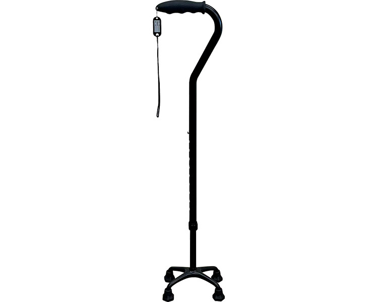 ●サイズ／長さ82〜104cm（10段階／2.2cm）、グリップ長さ：12.5cm、グリップ握り径：3.5cm、ベース部：幅16.5×奥行12cm●重さ／543g●材質／本体：アルミニウム合金、マグネシウム合金、TPR●生産国／中国・外出先でも置き場所に困らない！自立式で安定の四点杖！10段階の高さ調整が可能！・転倒防止＆歩行補助！しっかり支えるのにアルミだから軽量。・樹脂製グリップ：力を入れて握りやすく、汗でべたつかないので清潔に過ごせます。・高さ10段階調整：身長に合わせて一番歩きやすい高さに調節できます。大き目ボタンで調整しやすい♪・4点支えで安定感：立てて置ける自立式なので外出先でも置き場に困りません。左右均等な作りなので左右どちらでも使えます。・着脱式ストラップ：もしもに備えて名前や連絡先を記入できる、着脱可能なストラップ。【楽々健】