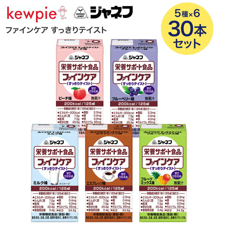 ●原材料 ＜ピーチ味＞ デキストリン（国内製造）、植物油脂、乳たん白、砂糖、難消化性デキストリン、酵母／カゼインNa、乳化剤、クエン酸K、塩化Mg、クエン酸Na、セルロース、ビタミンC、炭酸Na、ベニコウジ色素、クエン酸鉄、香料、リン酸Na、グルコン酸亜鉛、ナイアシン、ビタミンE、パントテン酸Ca、リン酸K、グルコン酸銅、ビタミンB1、ビタミンB2、ビタミンB6、ビタミンA、葉酸、ビタミンD、ビタミンB12、（一部に乳成分を含む） ＜ブルーベリー味＞ デキストリン（国内製造）、植物油脂、乳たん白、砂糖、難消化性デキストリン、酵母／カゼインNa、乳化剤、クエン酸K、塩化Mg、クエン酸Na、セルロース、香料、ビタミンC、炭酸Na、クチナシ色素、クエン酸鉄、リン酸Na、グルコン酸亜鉛、ナイアシン、ビタミンE、パントテン酸Ca、リン酸K、グルコン酸銅、ビタミンB1、ビタミンB2、ビタミンB6、ビタミンA、葉酸、ビタミンD、ビタミンB12、（一部に乳成分を含む） ＜ミルク味＞ デキストリン（国内製造）、植物油脂、乳たん白、砂糖、難消化性デキストリン、酵母／カゼインNa、乳化剤、クエン酸K、塩化Mg、クエン酸Na、セルロース、ビタミンC、炭酸Na、クエン酸鉄、リン酸Na、グルコン酸亜鉛、香料、ナイアシン、ビタミンE、パントテン酸Ca、リン酸K、グルコン酸銅、ビタミンB1、ビタミンB2、ビタミンB6、ビタミンA、葉酸、ビタミンD、ビタミンB12、（一部に乳成分を含む） ＜エスプレッソ味＞ デキストリン（国内製造）、植物油脂、乳たん白、ぶどう糖加工品、コーヒー、難消化性デキストリン、酵母／カゼインNa、乳化剤、クエン酸K、塩化Mg、クエン酸Na、セルロース、香料、ビタミンC、炭酸Na、クエン酸鉄、リン酸Na、グルコン酸亜鉛、ナイアシン、ビタミンE、パントテン酸Ca、リン酸K、グルコン酸銅、ビタミンB1、ビタミンB2、ビタミンB6、ビタミンA、葉酸、ビタミンD、ビタミンB12、（一部に乳成分を含む） ＜フルーツミックス味＞ デキストリン（国内製造）、植物油脂、乳たん白、砂糖、難消化性デキストリン、酵母／カゼインNa、乳化剤、クエン酸K、塩化Mg、クエン酸Na、セルロース、ビタミンC、炭酸Na、香料、クエン酸鉄、リン酸Na、グルコン酸亜鉛、ナイアシン、ビタミンE、パントテン酸Ca、リン酸K、グルコン酸銅、ビタミンB1、ビタミンB2、ビタミンB6、ビタミンA、葉酸、ビタミンD、ビタミンB12、（一部に乳成分を含む） ●栄養成分／（1本当たり）エネルギー200kcal、たんぱく質7.5g、脂質7.5g、炭水化物25.6g、食塩相当量0.4g●アレルギー／乳成分●賞味期限／製造後8ヶ月●生産国／日本・飽きのこないおいしさで毎日の栄養をサポートします。・高齢者の栄養補給に最適！【キユーピー】ファインケア すっきりテイスト 125mL30本セット（5種x各6本入り）