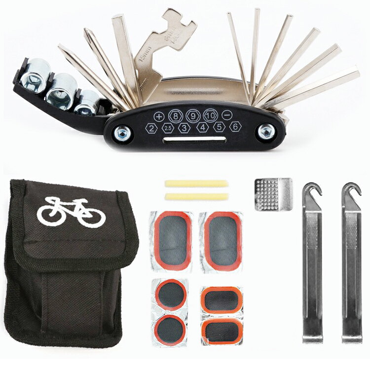 【ブラックフライデー期間中ポイント5倍!】自転車用マルチツール + パンク修理キットセット 多機能自転車工具 各種ドライバー/レンチ/ソケットレンチ 一体型ツー...