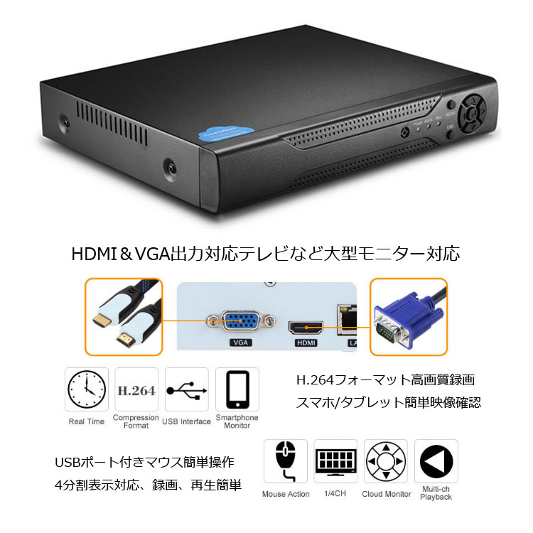 4チャンネルDVRレコーダー+防犯カメラ4台+HDD（1TB）+延長ケーブル 防犯システムフ...