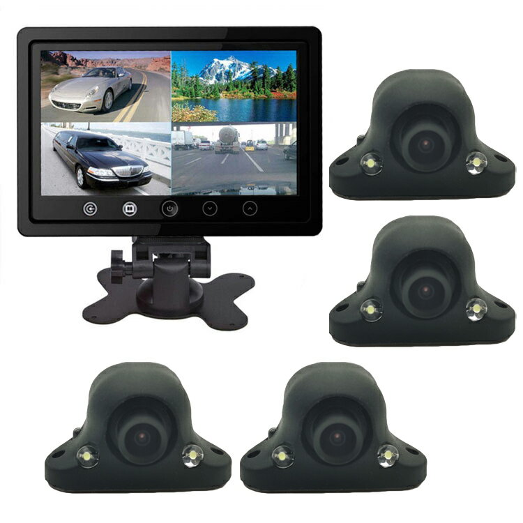 4分割9インチモニター+小型バックカメラ4個セット カメラ角度調節 防水仕様 ガイドライン切替 正像/鏡像切替 粘着式 12V車向け LP-MN90BK1100SET4 送料無料