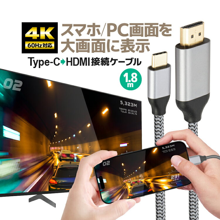 Type-C→HDMI 4K/60Hz 変換ケーブル 1.8m 変換HDMIケーブル タイプC iPhone/Android/iPad/タブレット/PC から テレビ/モニター/プロジェクターに伝送 LP-NLT2H18