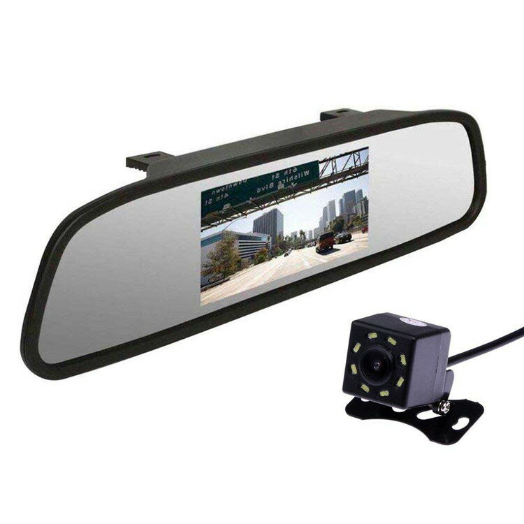 【2/10 01:59までP5倍!!】4.3インチルームミラーモニター+高画質 LED8個 暗視 小型防水バックカメラ 2点セット 映像2チャンネル バックカメラ自動切換 設置簡単 12V専用 LP-403CBK810 送料無料