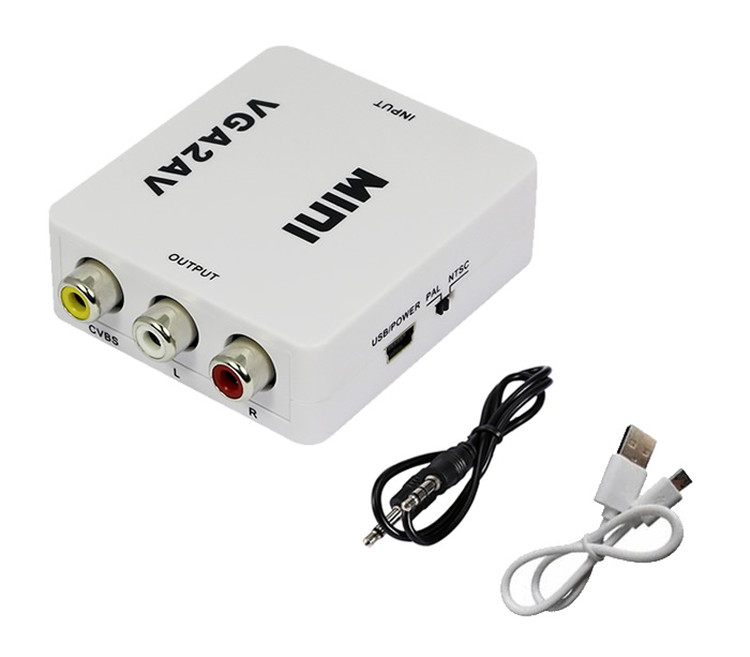 VGA→AV（コンポジット）変換アダプタ RCA 赤白黄色ケーブル 音声出力 NTSCやPAL出力方式に切り替え対応 1080P対応 コンバーター LP-VGA2AV 送料無料