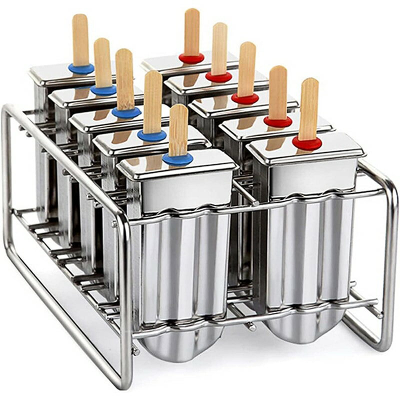 10個セット アイスクリーム型 ステンレス鋼 製氷器 製氷皿 蓋付き トレイラック付き アイスキャンデー ..