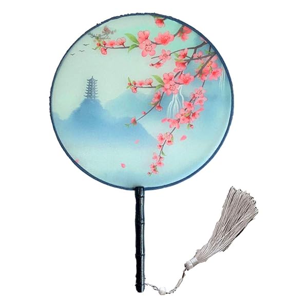 伝統的団扇、古風の半透明のうちわ、丸い扇子、木質の竿、綾絹の布、10+カラー印刷のパターン、21 CM/8..