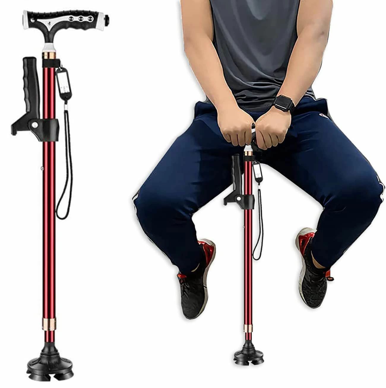 杖 つえ 介護 ステッキ 多点杖 軽量 ハンドル付き 伸縮杖 高さ調節 ステッキ 磁石ハンドル LEDライト付..