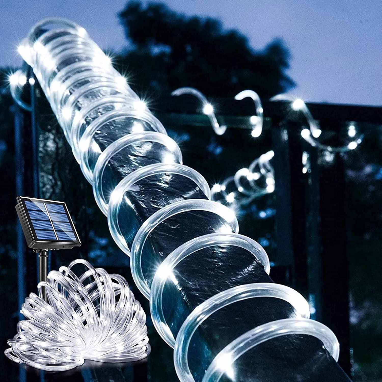 イルミネーションライト ソーラー式 屋外 防水 ライト 100灯 10m 8点灯パターン LEDチューブライト LED ロープライト 自動点灯 消灯 ツリー 飾り 電飾ライト パーティー 新年 祝日 結婚式 庭など対応 クリスマス電飾 公園/庭/店 飾り 屋内屋外兼用！