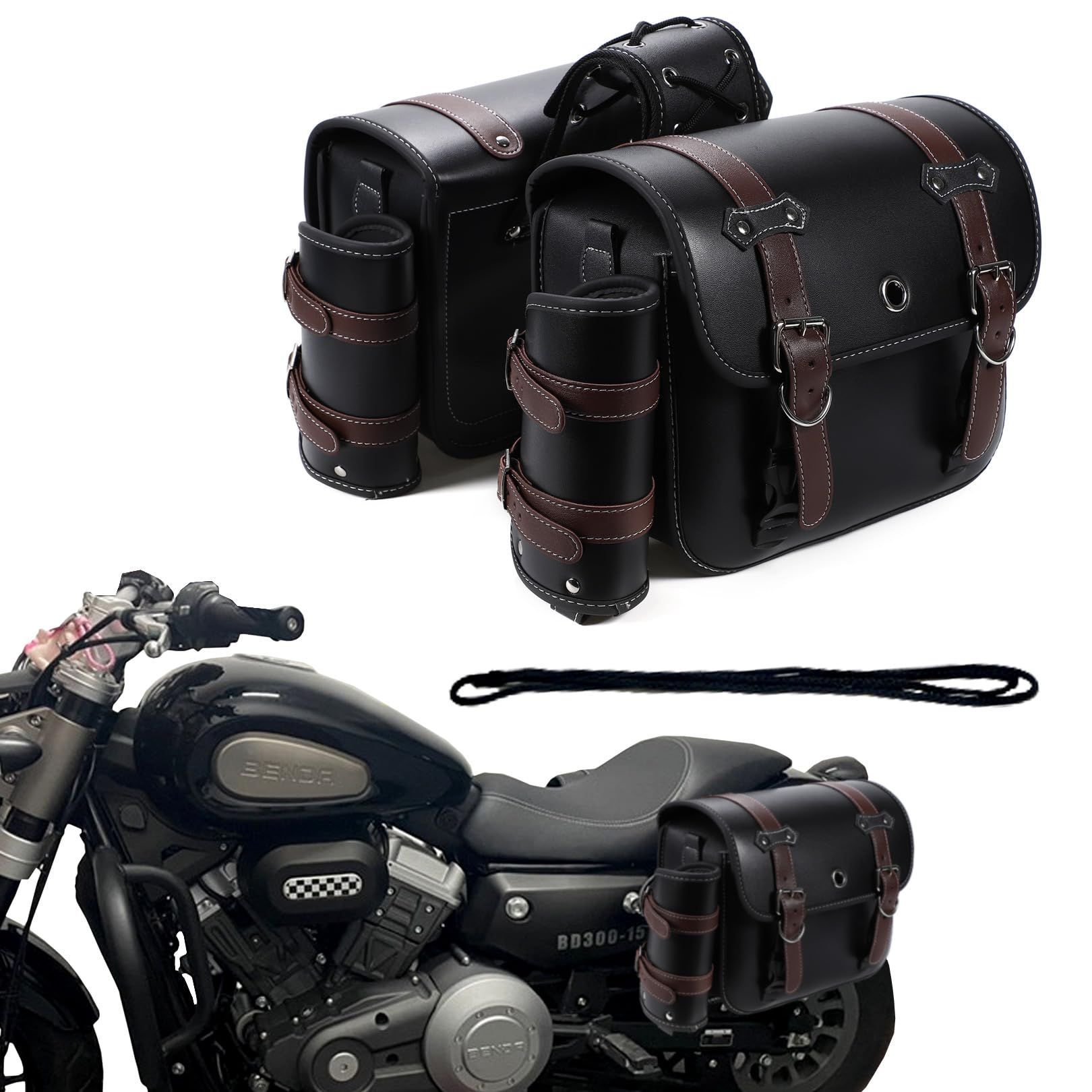 バイク用 サイドバッグ 左右セット ドリンクホルダー 鍵付き ツーリング 小物入れ (ブラウン/左右セッ..