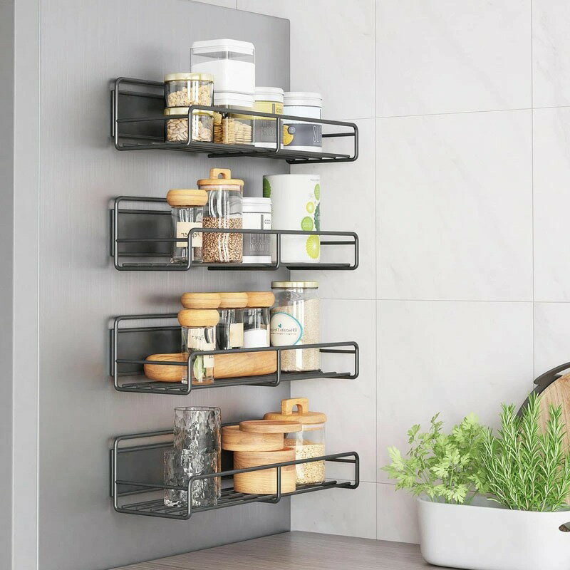 マグネット スパイスラック 冷蔵庫サイドラック 調味料ラック マグネット フック10個付き(ブラック 4点..