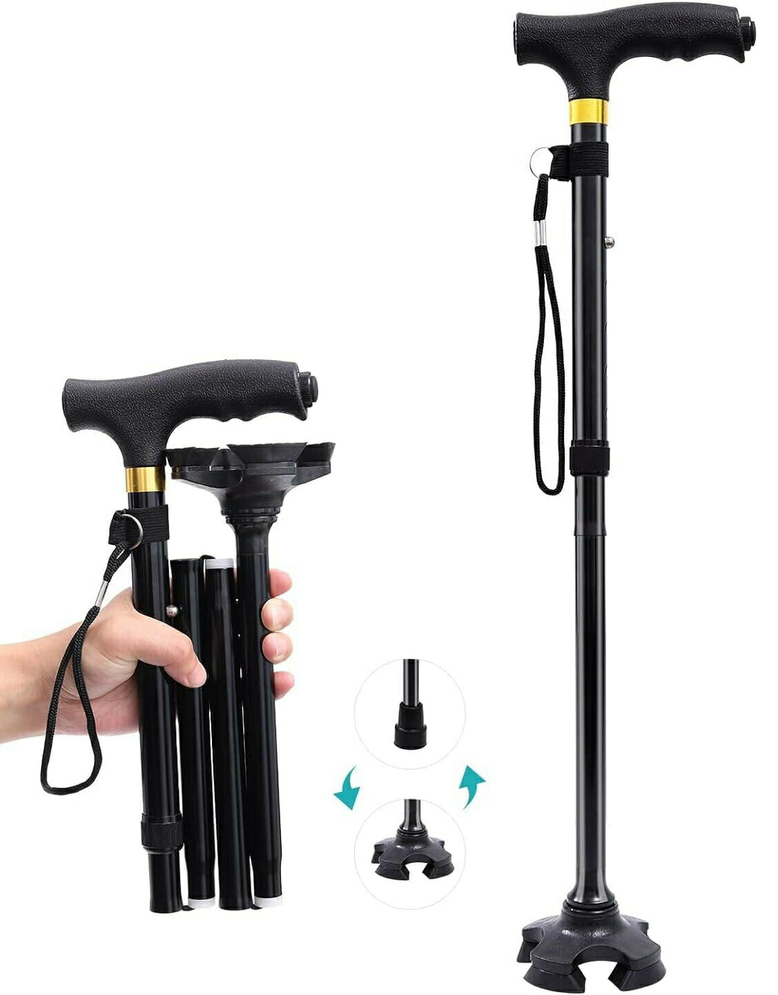 折りたたみ杖 軽量で自立する4点杖 LED付きの介護杖 ステッキ 折りたたみ式の歩行杖 プレゼントにも最..