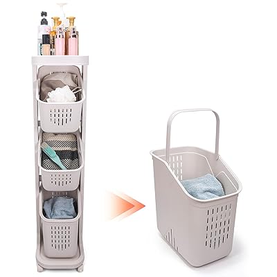 隙間収納 ランドリーバスケット 浴室/脱衣場/キッチン用 キャスター付きランドリー収納ワゴン 総プラ製..
