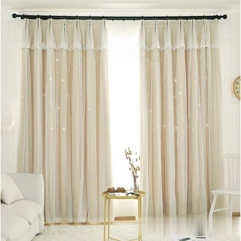 カーテン 遮光 断熱 レースカーテン 二重 チュール 一体型 防音 姫系 フックカーテン プライバシー保護 スター 星 丈直し ベージュ オーダーカーテン