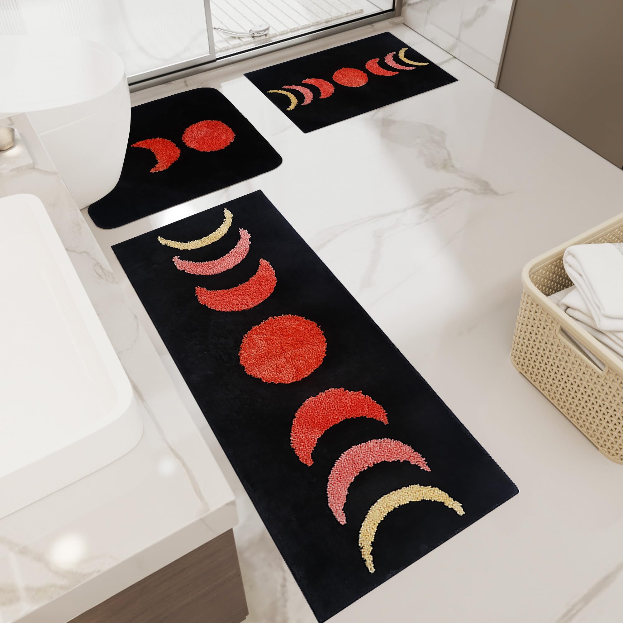 バスルームラグ3点セット 滑り止め吸収性 ムーンフェイズ バスマット マイクロファイバーバスマット トイレマット付き U型 洗濯可能 ボーホー エリアラグ カーペット ブラック