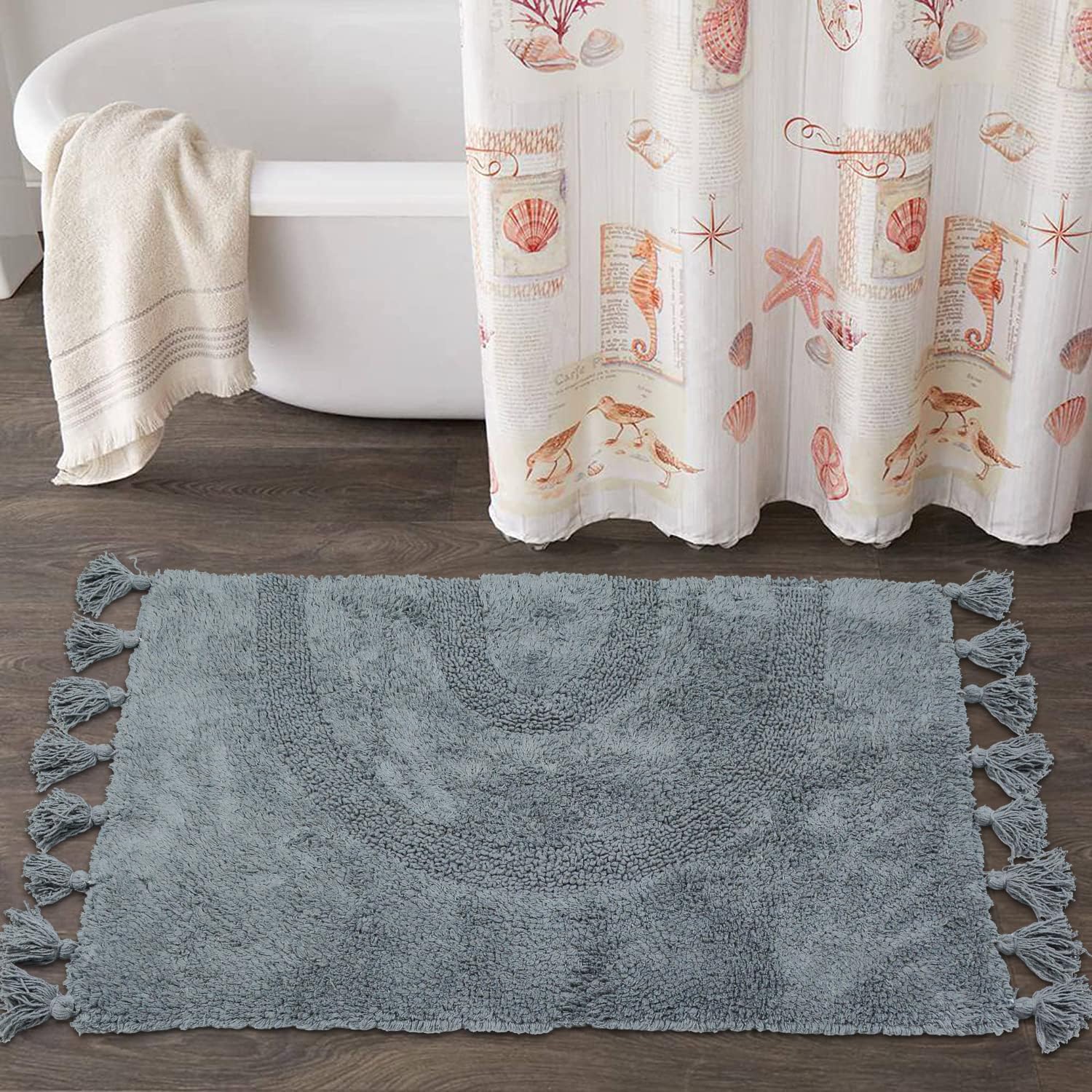 ボーホー バスルームラグ タッセル付き コットンバスマット 手織り ボヘミアンラグ ラグ付き 滑り止めパッド 洗えるバスラグ バスルーム/シャワー/浴槽用 20インチx32インチ 長方形グレー