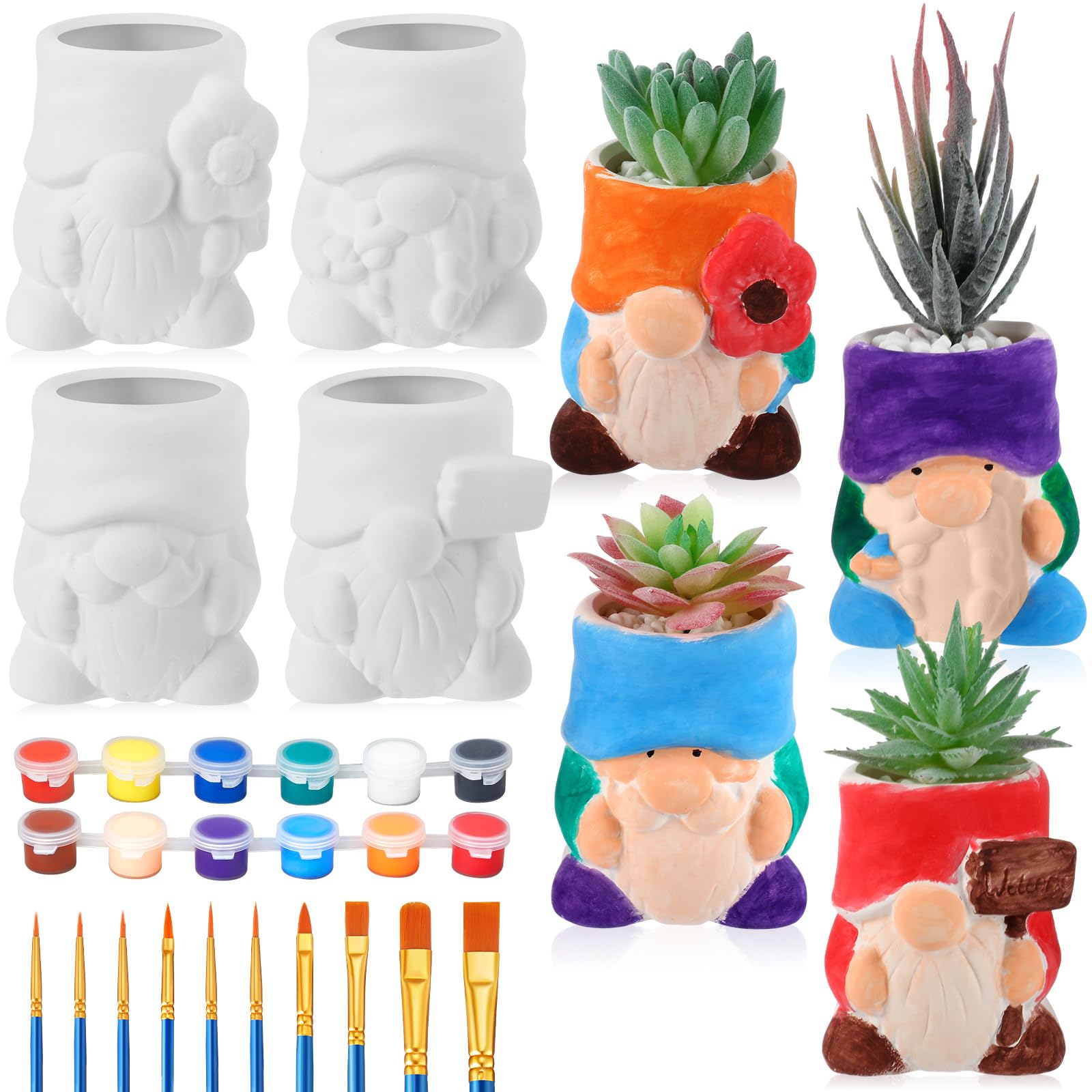 SiliFine 11セット DIY植木鉢ペイントキット 8個 2.6 x 3.2 x 1.6インチ 未塗装セラミック多肉植物プランター 2個 カラーペイント 1セット 子供/教室/クラフト/プロジェクト活動用