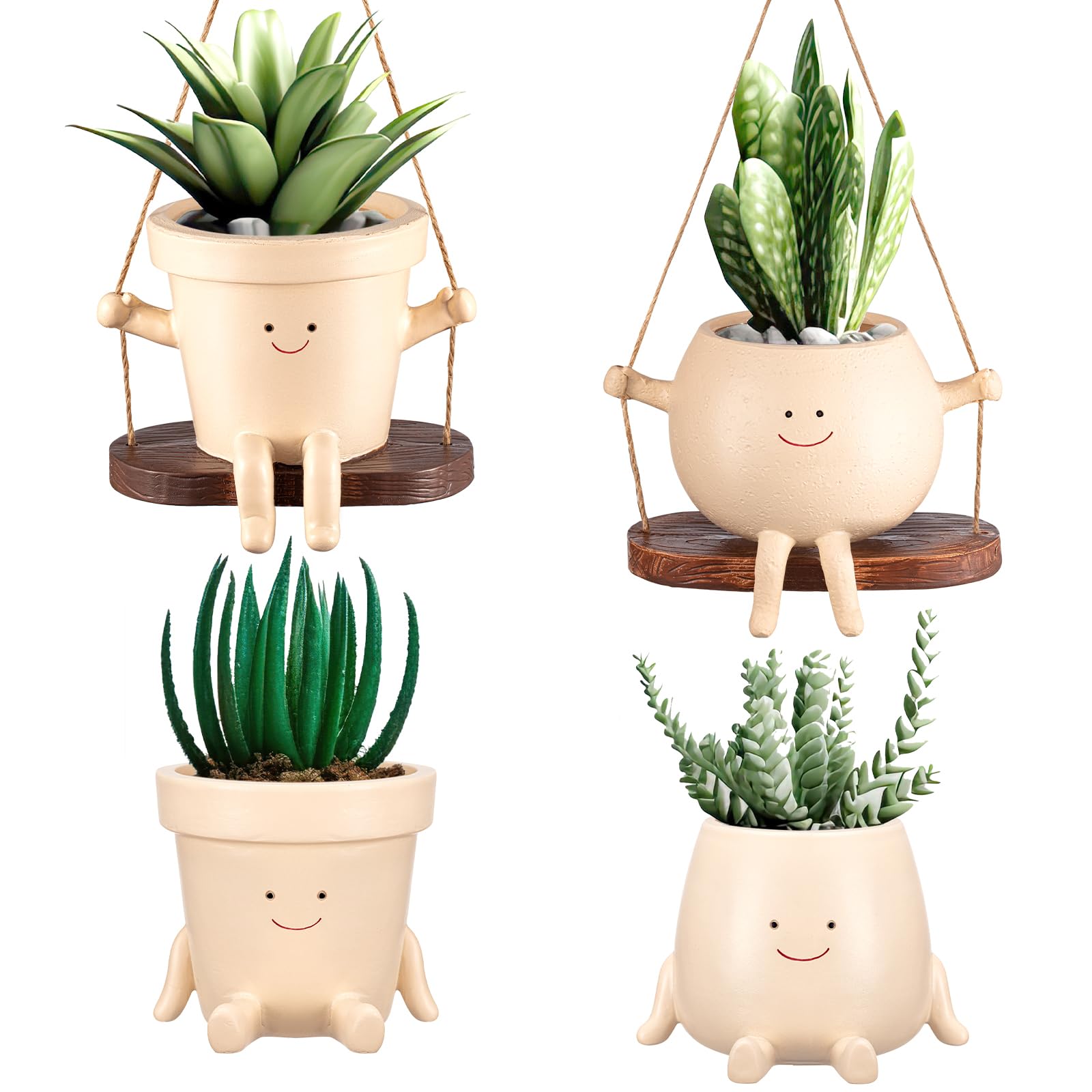 SiliFine フェイスポットプランター 4個 屋内植物用 かわいい植木鉢 生きている植物用 屋内樹脂植物 多肉植物 ひも用 かわいい植木鉢 排水穴付き ギフト 樽と球形
