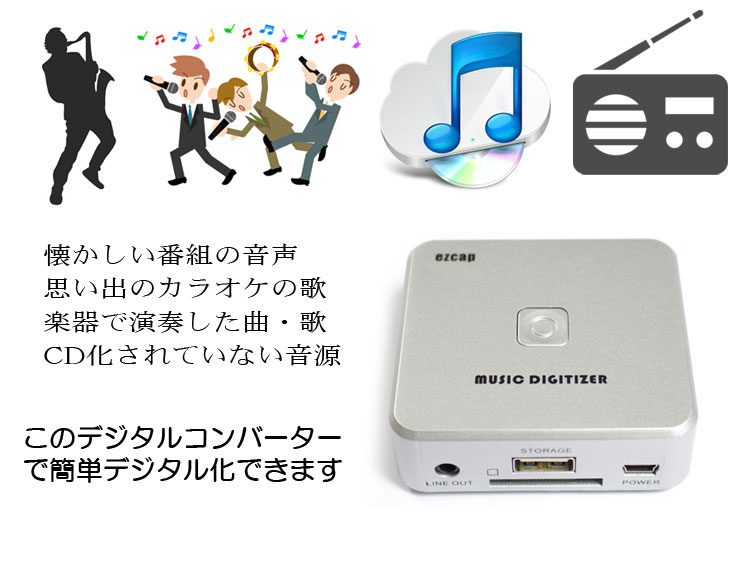 オーディオキャプチャー音声コンバータープレーヤー中のテープやMD音源をデジタル化保存自動曲分割対応USBメモリーSDカード直接保存PC不要EasyキャプEZCAP241