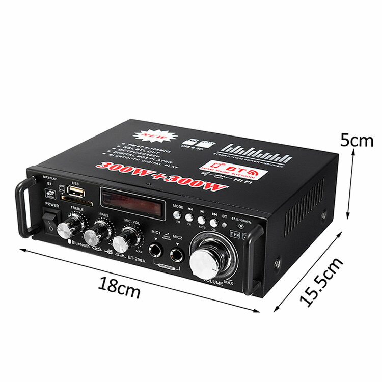 デジタルアンプ最大出力600W(300W+300W)高音質重低音調整USBSDBlutooth2.0HiFiマイク対応リモコン付き12V-5AアダプタLST-LP298A