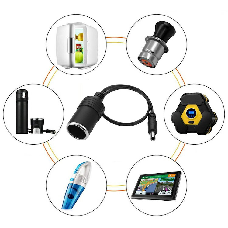 DC電源プラグrArr;シガーソケット変換ケーブル長さ約30cm内径2.1mm/外径5.5mm入力プラグ12/24V両用10A120WDC12CIGMS