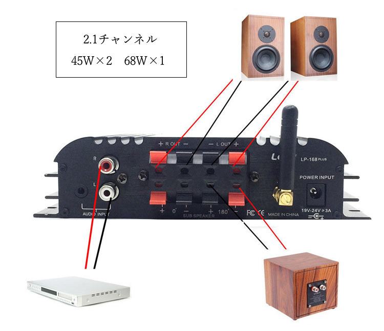 ライフセレクトの【Lepy】HIFIデジタルステレオアンプ Bluetooth対応 USBメモリ対応 2.1チャンネル ハイパワーアンプ 45W×2+68W出力 リモコン・アダプタ付き LP168PLUS｜アングル3