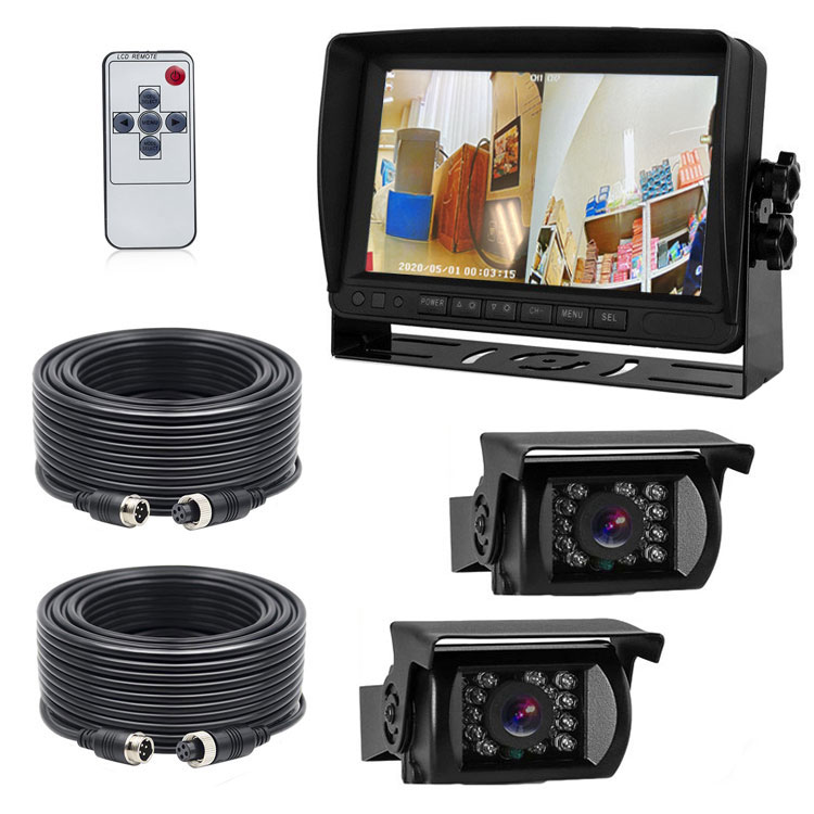 AHDデジタルバックカメラ2個搭載 車載レコーダー 12/24V車兼用 エンジン連動 上書き 危険運転対策 リモコン付き メモリカード録画 2分割対応 7インチDVRモニター LST-OMT70AHDSET2