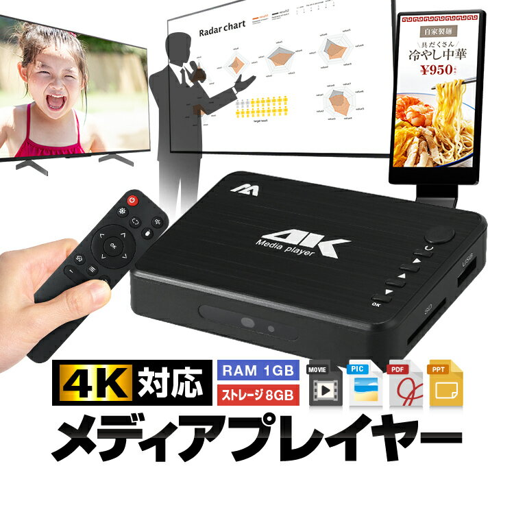 4Kメディアプレイヤー リモコン付 PPT/PDF再生対応 レジューム機能 リピート再生 横縦表示可 RAM 1GB ROM 8GB 4K動画 BGM再生対応 LST-MP0234K