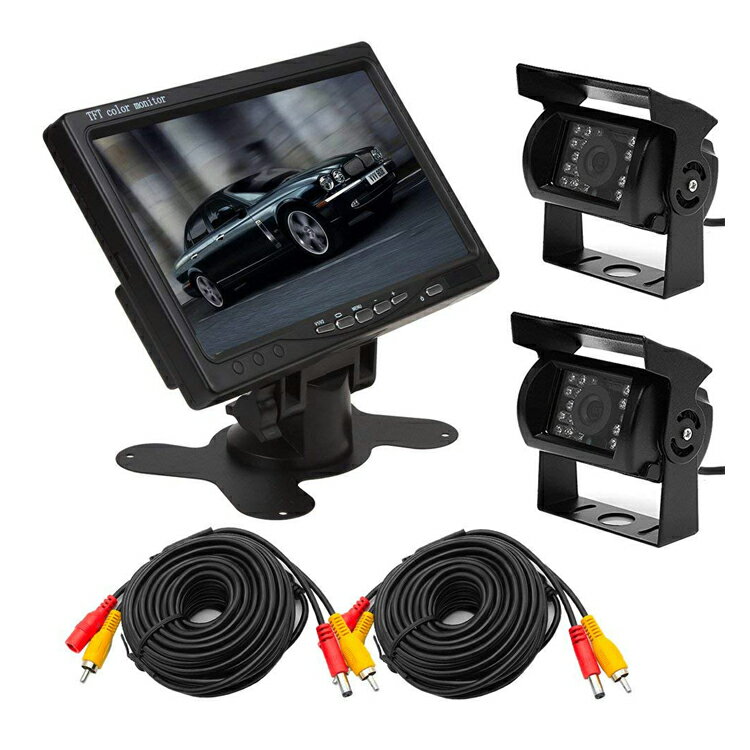 バックカメラセット（カメラ2台） LED18灯 接続用20mケーブル×2 DC12/24V対応 IP67防水仕様赤外線暗視カメラ 7インチオンダッシュモニター LST-OMT72SET