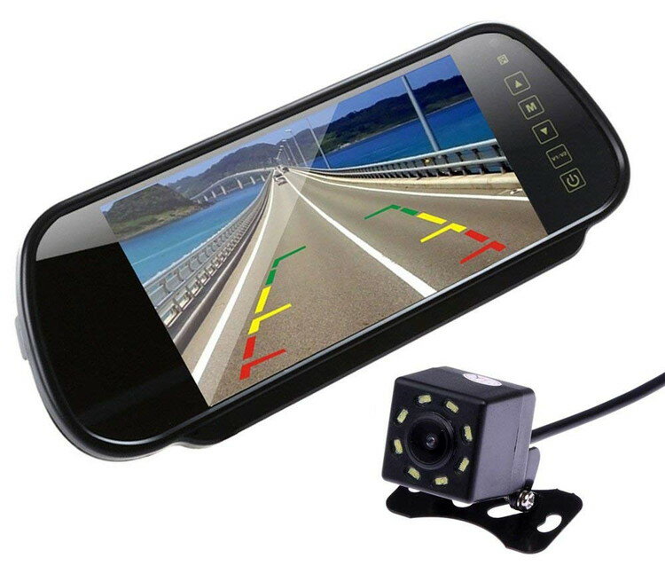 7インチ液晶搭載ルームミラーモニター+バックカメラセット リモコン付き ルームミラー型取付便利 ビデオ入力2チャンネル DC12V小型防水バックカメラ連動 RM70+BK006