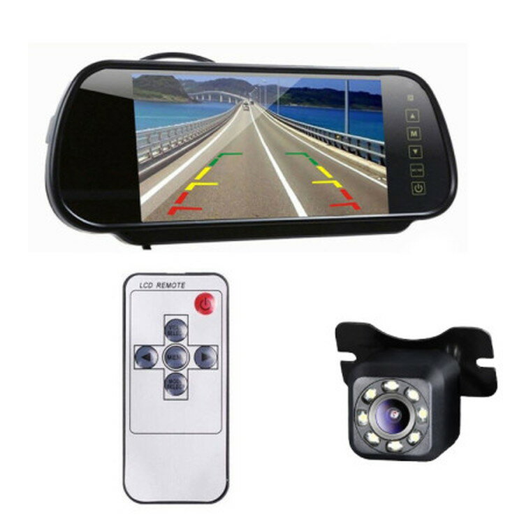7インチモニター搭載ルームミラー+小型防水バックカメラセット7インチ大画面モニター 小型・暗視・防水バックカメラセット ガイドライン切替可 LST-RM70+A0130N