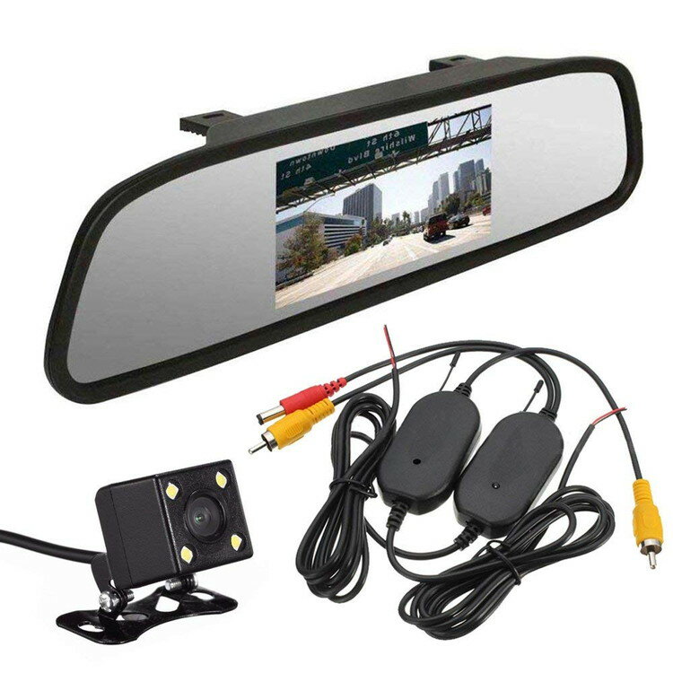 ワイヤレスバックカメラセット 4.3インチルームミラー+CCD暗視小型防水バックカメラ+無線映像トランスミッター3点セット 映像2チャンネル 12V専 RM43BK006VTM50