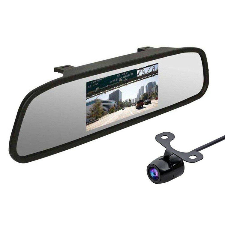 4.3インチルームミラーモニター+CCD 広角 小型 防水バックカメラ2点セット 映像2チャンネル バックカメラ自動切換え 12V専用 LST-403CBK200